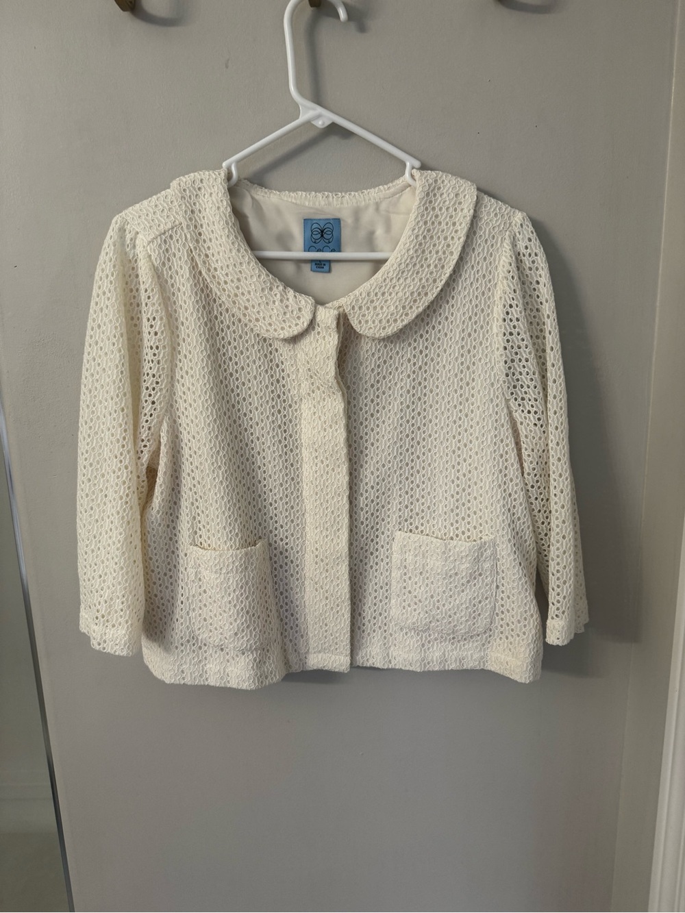 CeCe Ivory Lace Eyelet Cropped Jacket Peter Pan Collar Open Front Large L